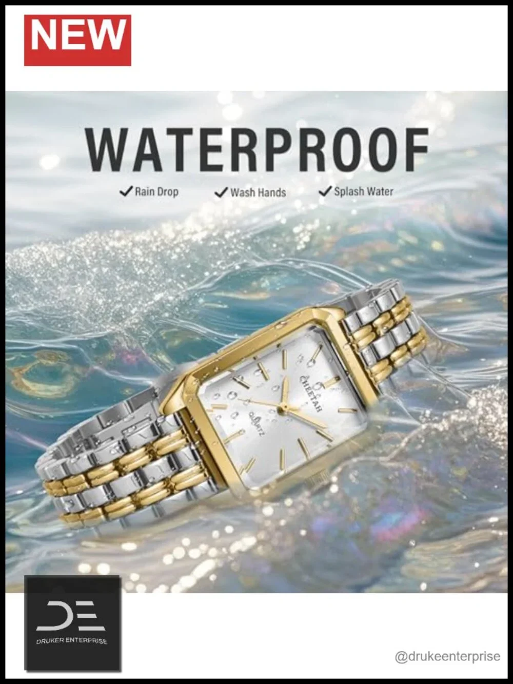 Retro Rectangular Gold-Tone Stainless Steel Watch, Japanese Quartz Movement,